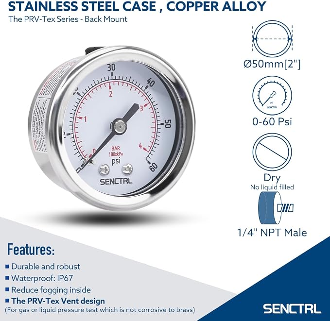 SENCTRL 0-60 Psi Pressure Gauge, 1/4 NPT Back Mount, Waterproof, Stainless - Image 2