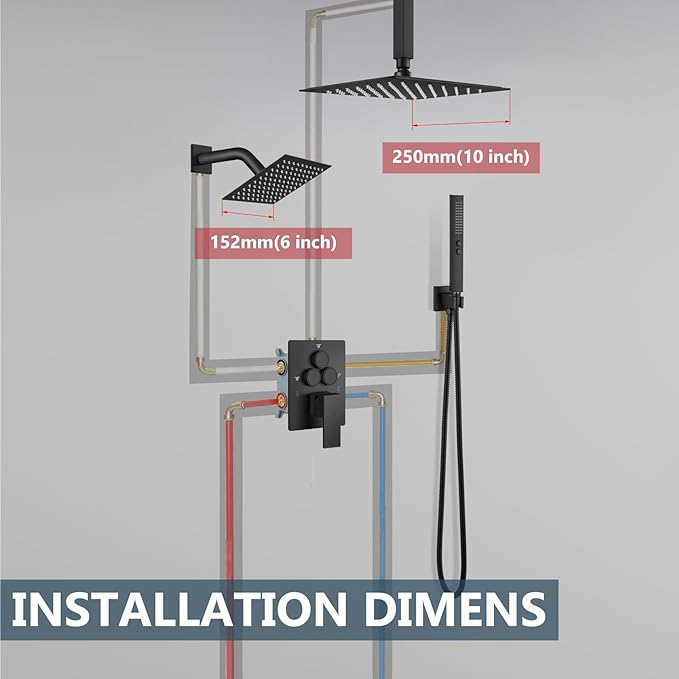 Aolemi Shower Faucet Set Ceiling Mount Shower System Rough-in Valve and Shower Trim Kit 10 and 6 Inch Dual Shower Head 2 in 1 Handheld Spray Push Button Diverter Matte Black