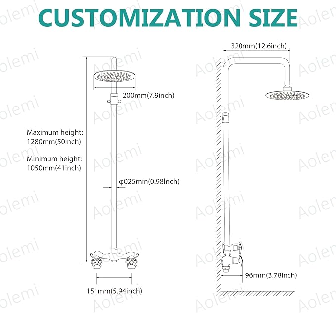 Aolemi Outdoor Shower Kit Outdoor Shower Fixtures Faucet System Double Handle Exposed Shower with 8 Inch Rainfall Shower Head Adjustable Height Shower Pipe 6 Inch Center Brushed Nickel
