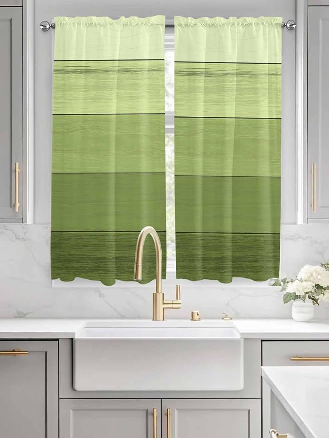 Gradient Green Wooden Board Window Valance Curtains, Retro Country Wood Grain - Image 3