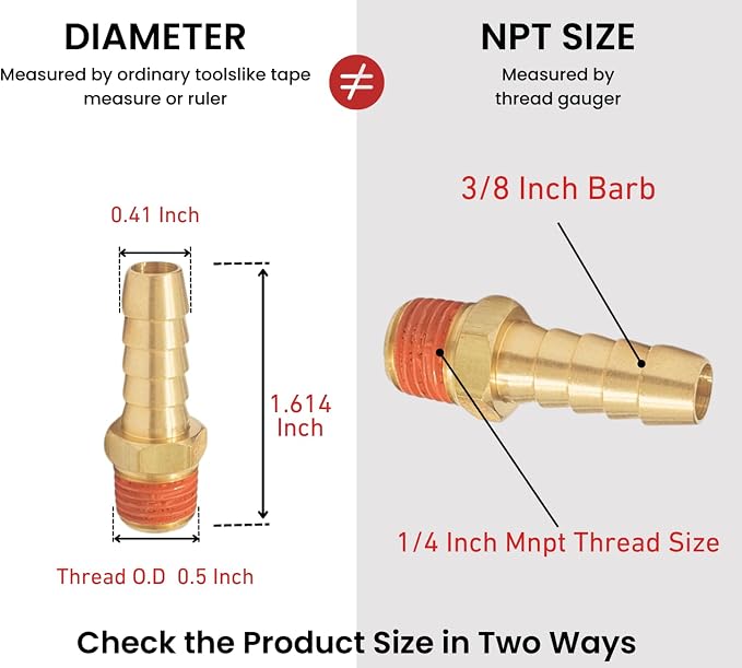 2 Pack Brass Air Hose Barb Fittings Adapter Set, 3/8 Inch Barb to 1/4 Inch NPT - Image 2