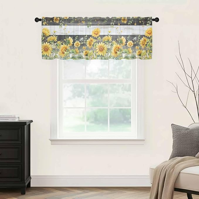Summer Floral Sheer Valance Curtains, Watercolor Sunflower Eucalyptus Leaves - Image 5