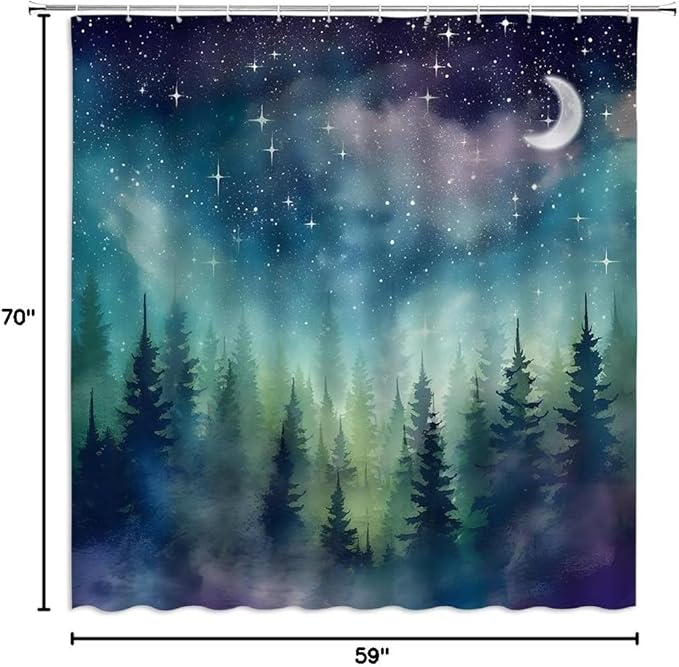 Forest Moon Shower Curtain Watercolor Misty Forest Fantasy Starry Sky Galaxy Nature Gothic Scenery Abstract Outdoor Bathroom Decor Curtains with Hooks, Purple 70" L x 59" W
