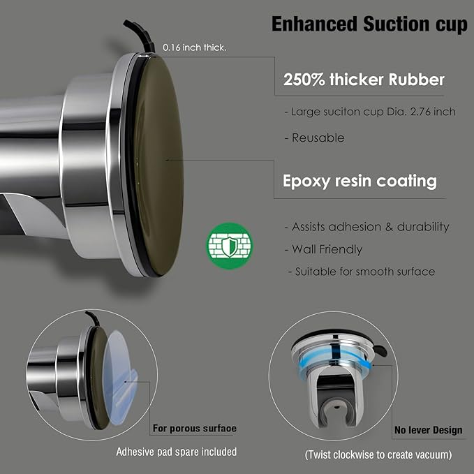 Handheld Shower Head Holder with Enhanced Suction Cup - Relocatable - 4 Angles Adjustable - 90° Downward - Bathroom Wall Mount Shower Wand Holder (Polished Chrome)