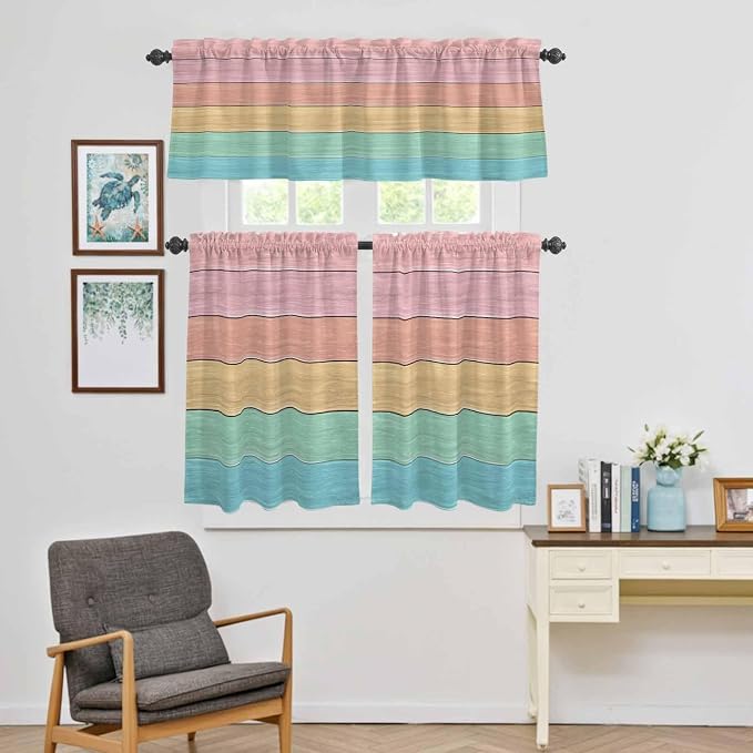 Kitchen Window Curtains Valance and Tier Set, Farm Colorful Wooden Plank Rod by Unknown