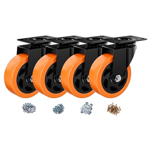 4" Swivel Plate Casters Set of 4 Heavy Duty 1200 lbs | Orange PU, Non-Marking by ASHGOOB