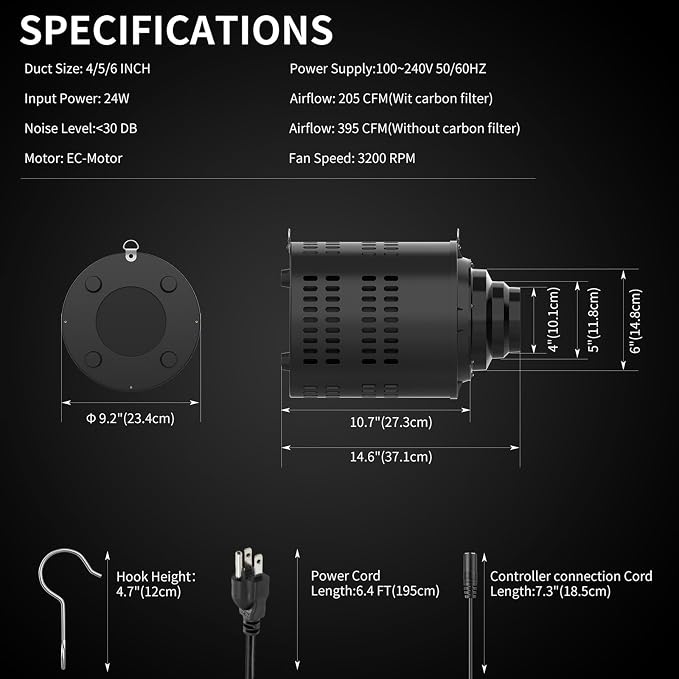 RDJ Bouns Inline Fan with Carbon Filter Kit, Compatible with 4"/5"/6" Ducts - Image 2
