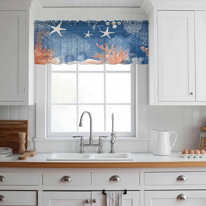 Ocean Corals Sheer Valance Curtains, Summer Beach Coral Sea Stars Dark Blue - Image 2