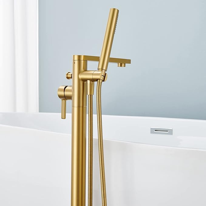 Freestanding Bathtub Faucet Tub Filler Brushed Gold Floor Mount Brass Single Handle Bathroom Faucets with Hand Shower