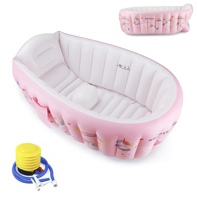 PandaEar Baby Inflatable Bathtub, Portable Travel Baby Infant Bath Tub Toddler Bathtub with Air Pump, Foldable Non-Slip Shower Basin Mini Air Swimming Pool for Newborn (Pink Unicorn)