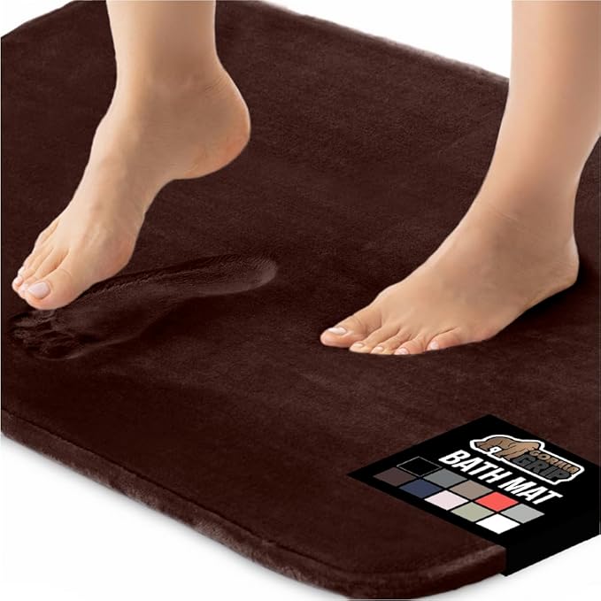 GORILLA GRIP Memory Foam Bath Mat, Soft Absorbent Velvet Bathroom Mats, Durable Dots on Underside, Machine Washable Bathmat, Carpet Rug Room Decor for Shower Tub Floor RV, 24x17 Rugs, Brown