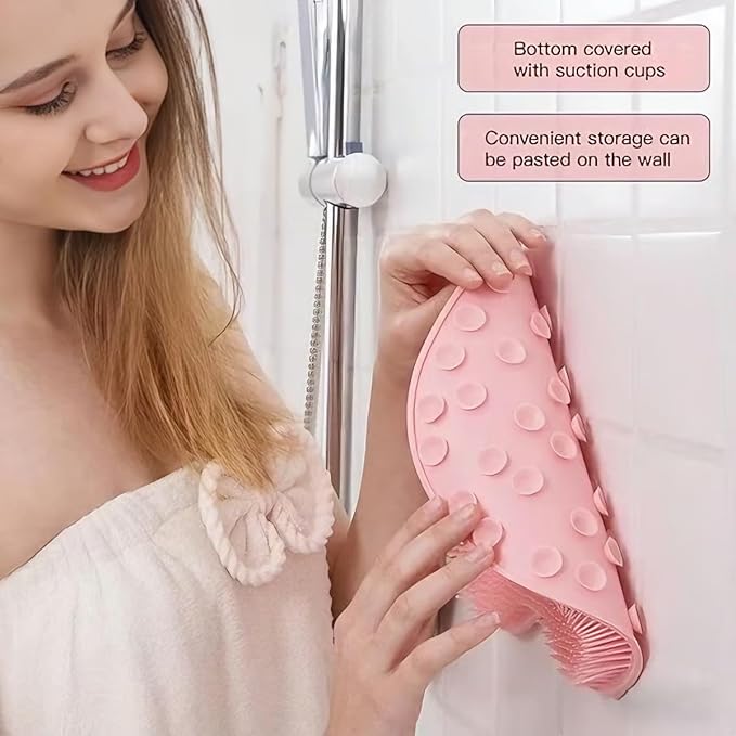 Shower Foot & Back Scrubber, Massage Pad with Suction Cups & Pumice Stone, Multi-Surface Silicone Bath Mat for Exfoliating and Massaging in Shower or Bathtub, 9.8x11.8 Inch (Gray)