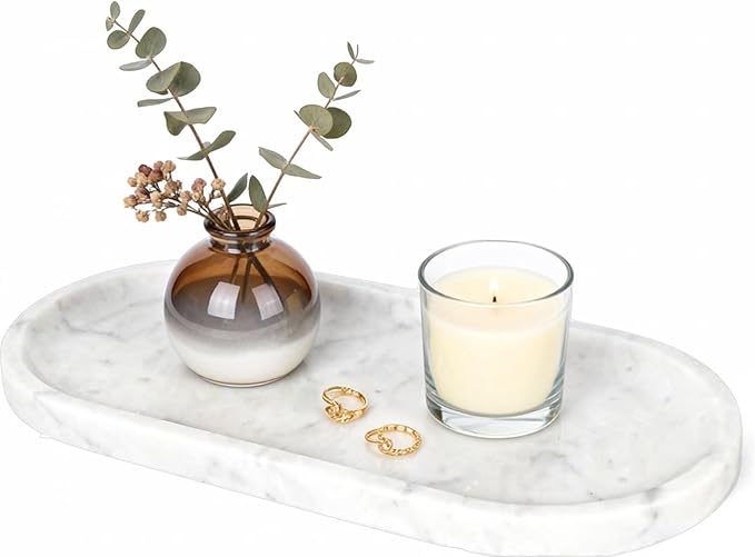 Natural Marble Tray for Vanity, 2" L x 6" W White and Gray Marble Tray with 4 Non-Slip Silicone Gaskets, Decorative Tray for Perfume, Jewelry, Coffee Table, Kitchen, Dresser Organizer