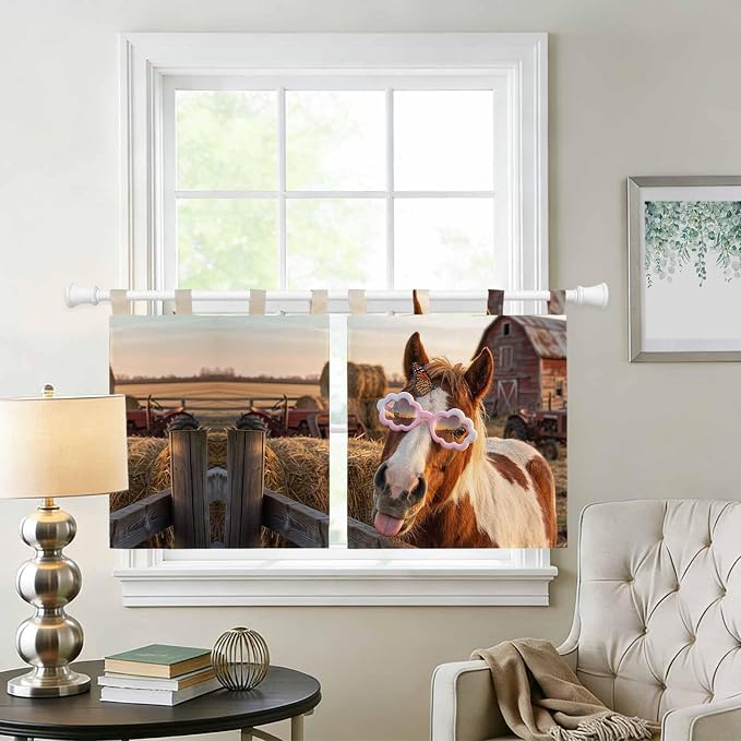 Farm Horses Kitchen Curtains 36 Inch Length, Small Window Curtains Tab Top - Image 2