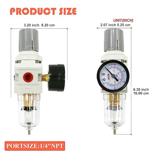 RIH 1/4" NPT Compressed Air Filter Regulator Combo Piggyback, 5 Micron Brass - Image 2