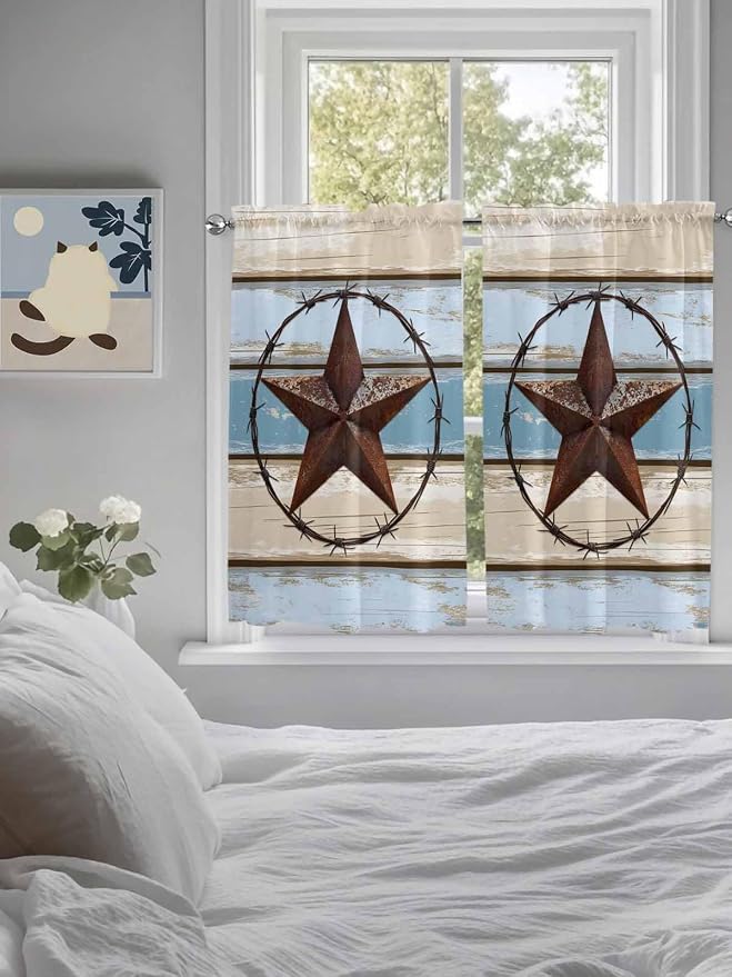 Vintage Western Star on Wood Grain Window Valance Curtains, Retro Wooden - Image 3