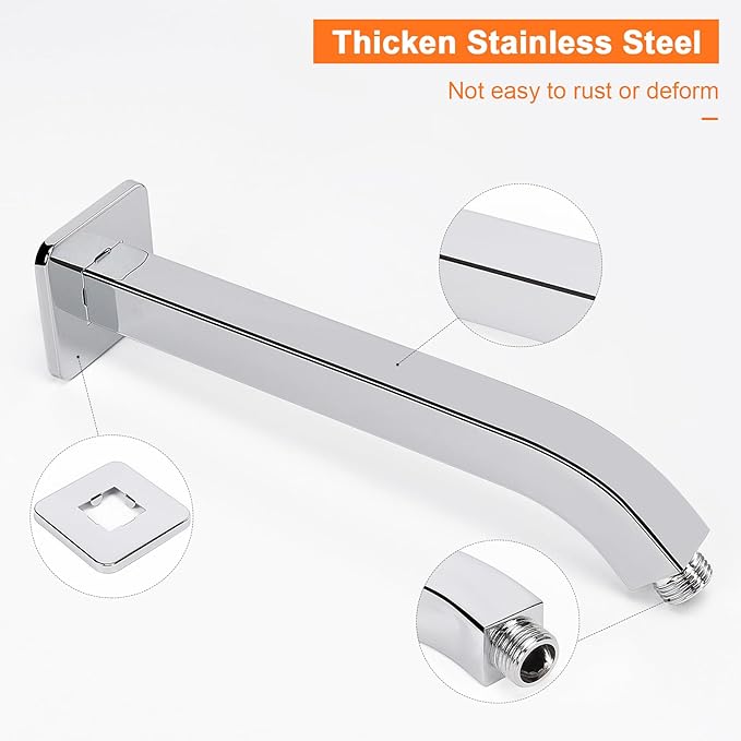 HarJue Shower Arm with Flange and Teflon Tape, Wall Mounted Square Shower Pipe 304 Stainless Steel Extension Arm for Fixed Shower Head & Handheld Shower (10 Inch, Chrome)