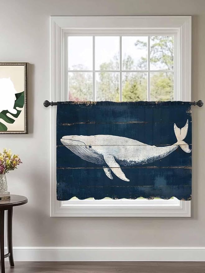 Sheer Curtains 54 Inch Length, Ocean Whale Blue Semi Sheer Curtains Light - Image 2