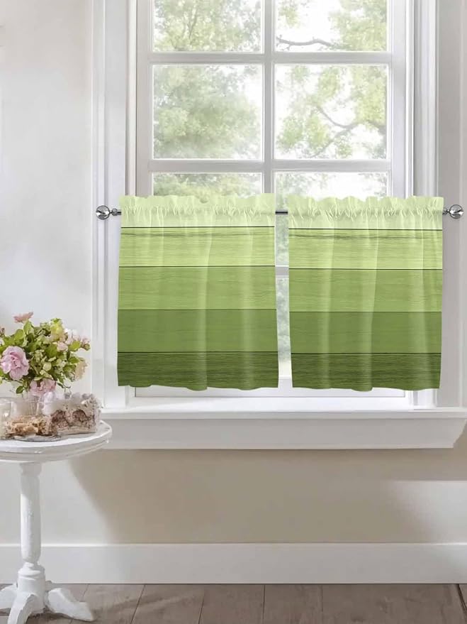Gradient Green Wooden Board Window Valance Curtains, Retro Country Wood Grain - Image 4