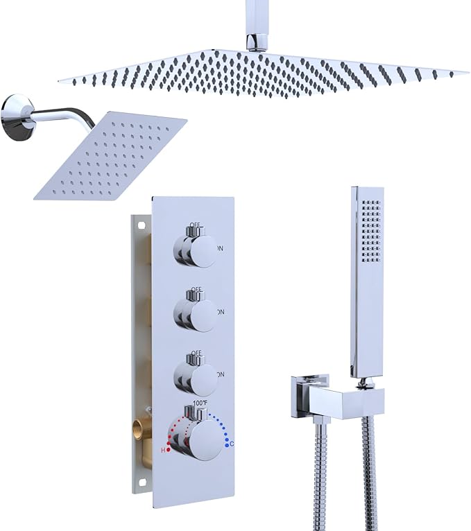 Enga Thermostatic Dual Shower Head System, 16"+6" Rain Shower Heads & Handheld Shower Faucet Set, Can All Run Together & Volume Adjustable, Chrome