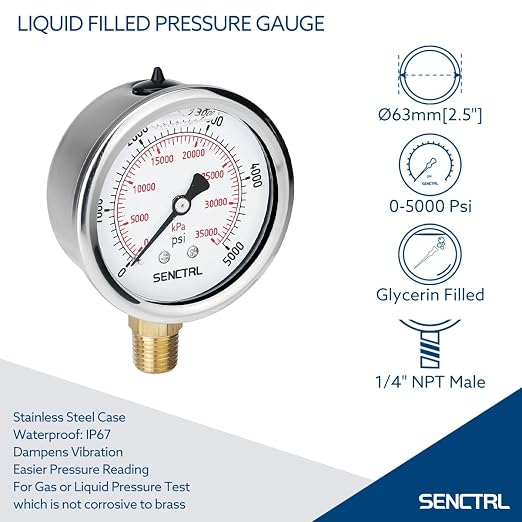 SENCTRL 5000 Psi Glycerin Liquid Filled Hydraulic High Pressure Gauge, 2.5" - Image 2
