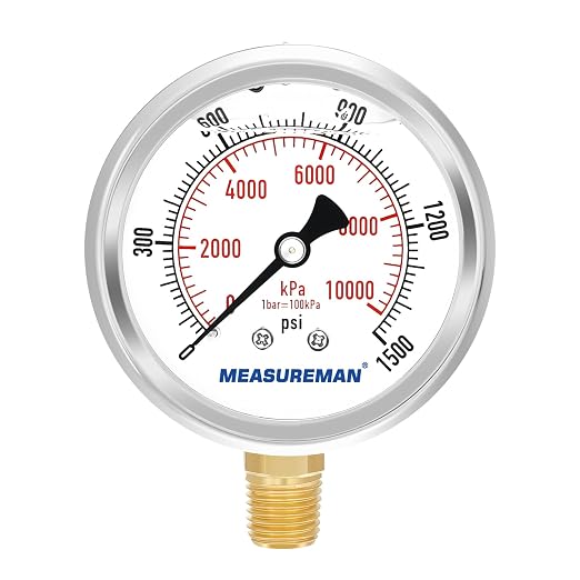 MEASUREMAN 2-1/2" Dial Size, Glycerin Filled Pressure Gauge, 0-1500psi/kpa by MEASUREMAN