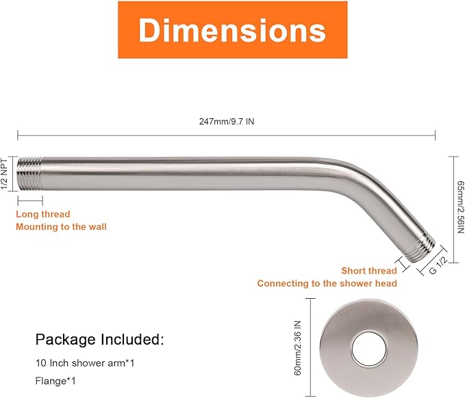 HarJue Shower Arm with Flange and Teflon Tape, Wall Mounted Shower Pipe 304 Stainless Steel Extension Arm for Fixed Shower Head & Handheld (10 Inch, Brushed Nickel)