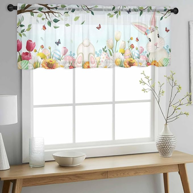 Easter Sheer Valances for Windows 54"x18", Light Filtering Kitchen Curtains - Image 2