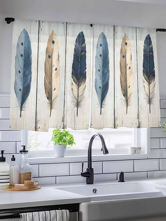 Sheer Curtains 54 Inch Length, Farmhouse Feather Semi Sheer Curtains Light - Image 5