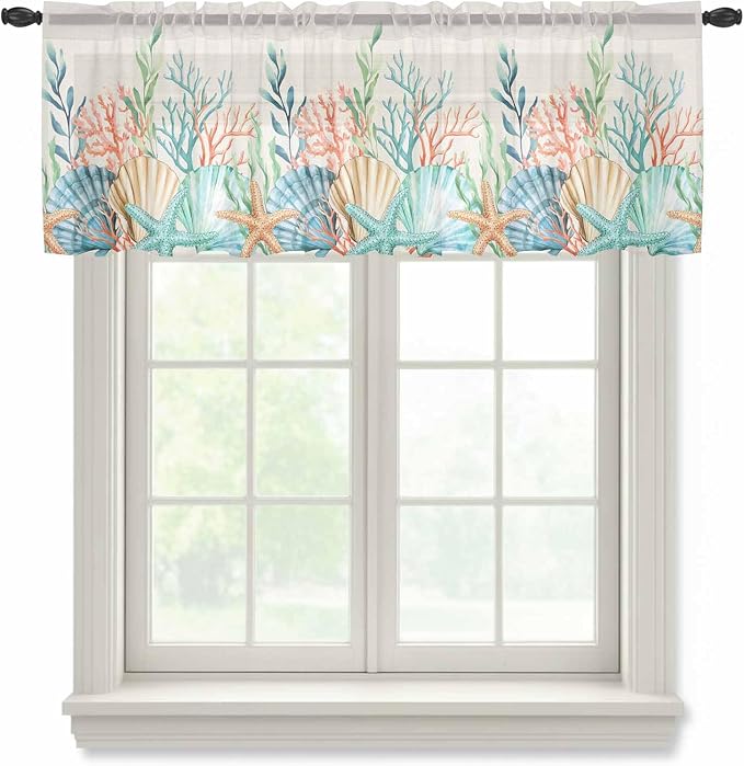 Summer Beach Sheer Valance Curtains, Ocean Colorful Coral Shell Seaweed by Houseown