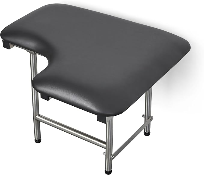 28" x 22.5" Black Padded Wall Mount Folding Left-Handed Transfer Bench Shower Seat with Legs, ADA Compliant