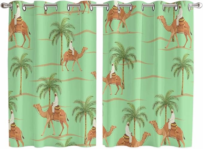 2 Panel Kitchen Cafe Curtains, Desert Camels Sunlight Filtering Nature Air by Hokiten