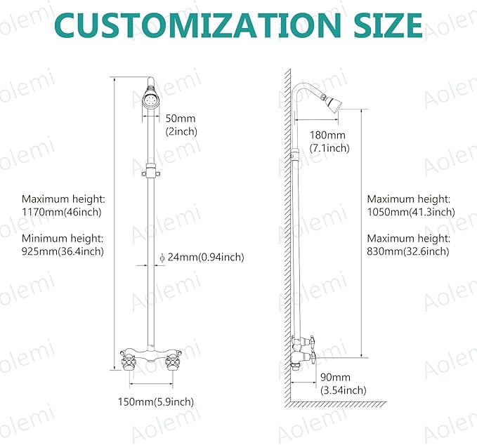 Aolemi Outdoor Shower Kit Fixtures Faucet System Double Handle Exposed Shower with Brass Mix Valve and Height-Adjustable Shower Pipe 6 Inch Center with Showerhead Polish Chrome
