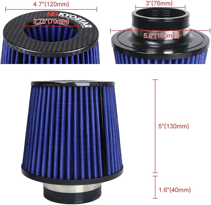 KYOSTAR Carbon Fiber 3" High-Flow Air Filter, Reusable Cone Cold Air Intake - Image 2