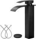 LIFG Matte Black Vessel Sink Faucet, Tall Waterfall Bathroom Faucet, Single Handle One Hole Mixer Bowl Tap with Large Rectangular Spout, Bar Sink Faucet Lavatory Vanity