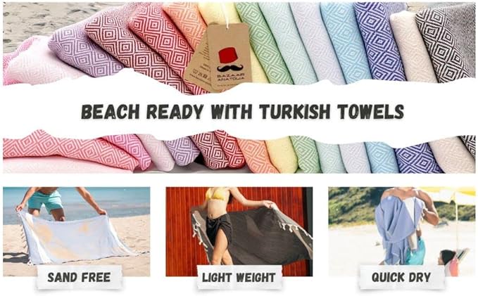 Bazaar Anatolia Turkish Beach Towel – 100% Cotton, Quick Dry, Sand Free Towel for Bathroom, Camping, Travel – Oversized 71x39 Inches – Diamond Yellow
