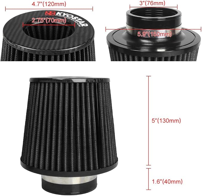 KYOSTAR Carbon Fiber 3" High-Flow Air Filter, Reusable Cone Cold Air Intake - Image 2