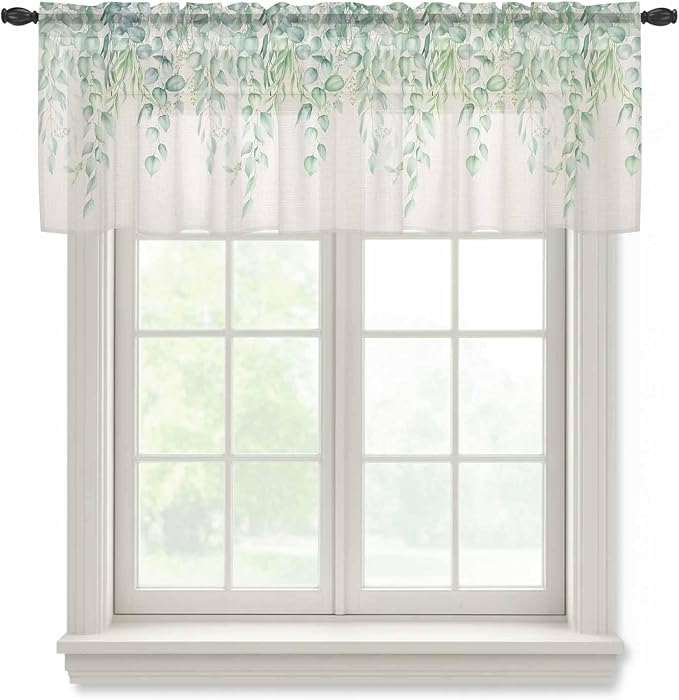 Green Leaf Sheer Valance Curtains, Eucalyptus Leaves Vintage Linen Texture by Houseown