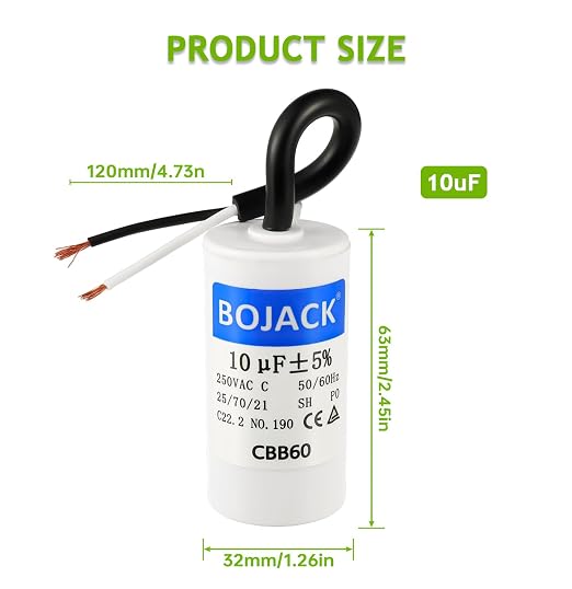 BOJACK Run Capacitor 10 uF MFD 250V AC 10 MFD CBB60 2 Wire 50/60Hz Cylinder - Image 2