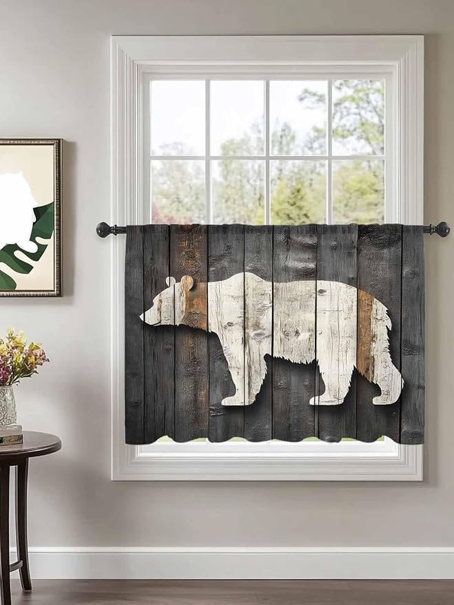 Sheer Curtains 54 Inch Length, Vintage White Brown Bear Semi Sheer Curtains - Image 2