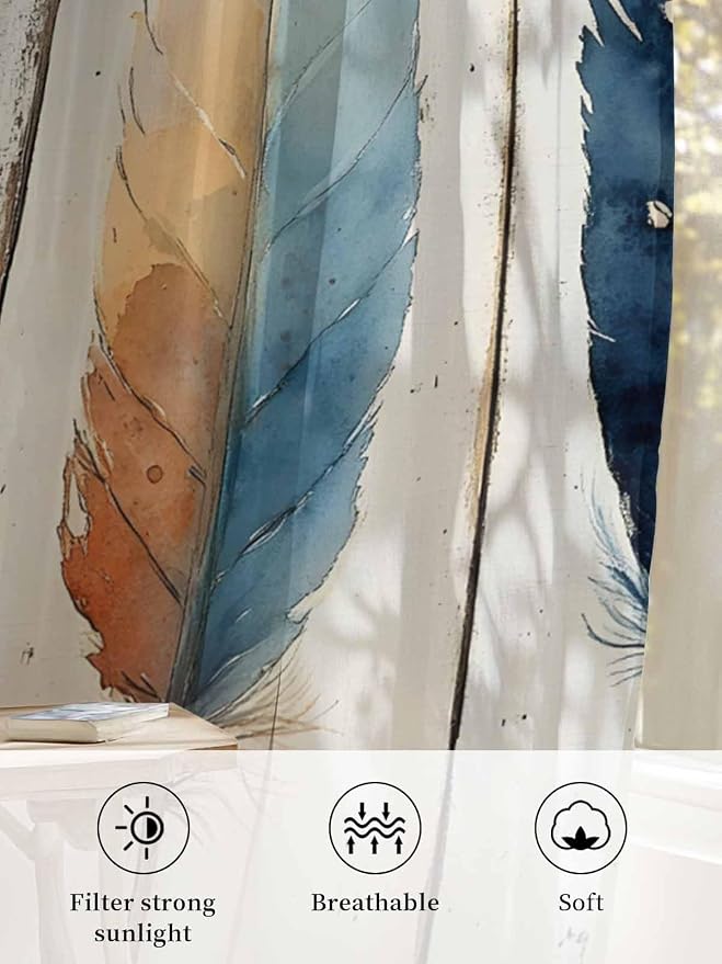 Sheer Curtains 54 Inch Length, Boho Ombre Vintage Wooden Grain Privacy Voile - Image 6