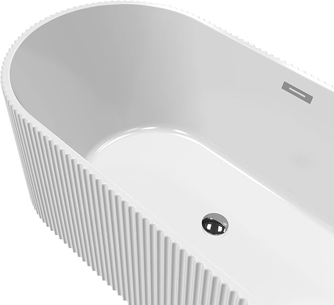 59" Acrylic Freestanding Bathtub, Soaking Tub with Brushed Gold Drain, Non-Slip Surface, Large White Bathtub for Adults, Durable Fiberglass Reinforced Free Standing Tub