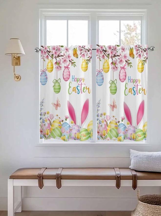 Happy Easter Kitchen Curtains 54 Inches Length, Spring Watercolor Bunny Eggs - Image 4
