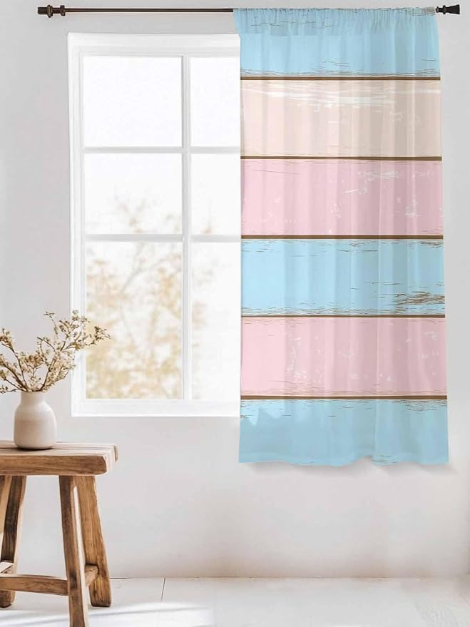 Sheer Curtains 72 Inches Long, Farmhouse Country Shabby Striped Privacy Voile - Image 3