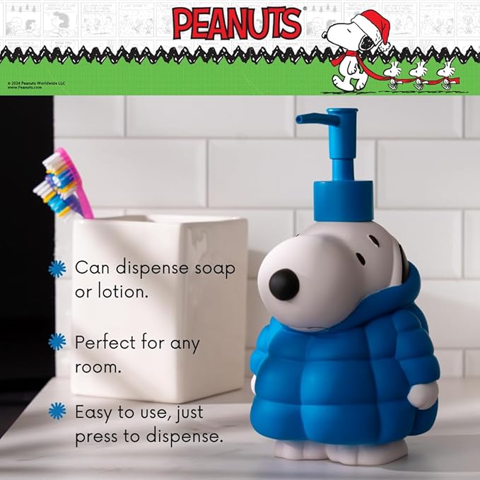 Peanuts Snoopy Puffer Coat Holiday Christmas Soap/Lotion/Hand Sanitizer Resin Pump Dispenser, 17.24 Ounces, (Officially Licensed Product) by Franco Collectibles
