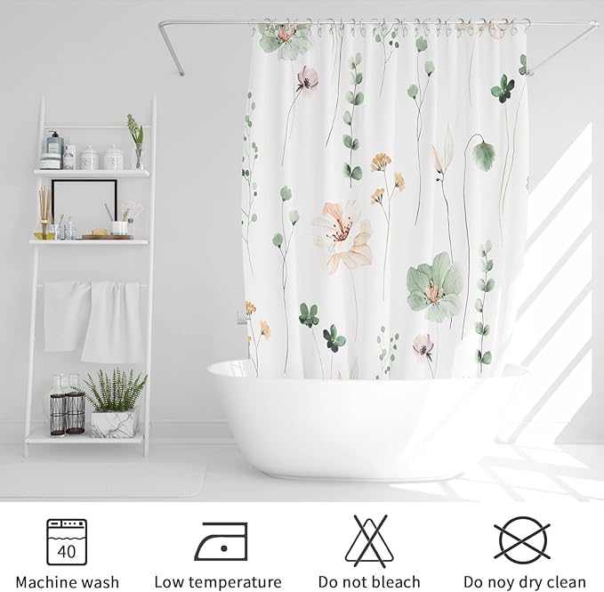 Gibelle Small Stall Shower Curtain 36 x 72, Narrow Half Watercolor Floral Fabric Shower Curtain, Sage Green Beige Flower Decorative Bathroom Shower Curtain Set