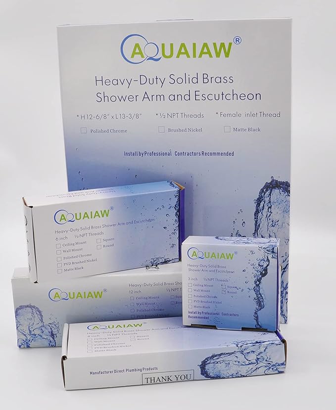 Aquaiaw Shower Arm and O-Ring Flange, 8 inch, Solid Brass, Round, Both Soldered 1/2 NPT Tapered Threads, Wall Mount Shower Arm Extension with Escutcheon (Polished Chrome)