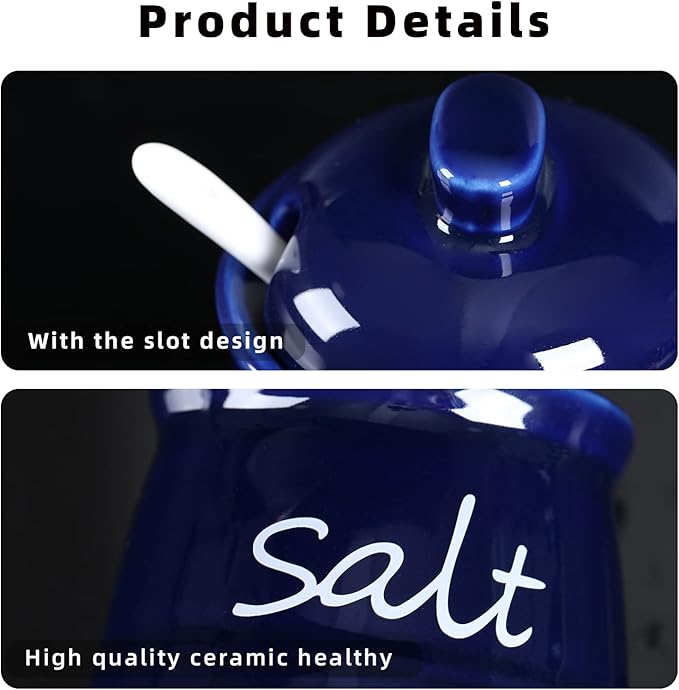 ONTUBE Ceramic Salt Bowl with Lid and Spoon 12oz White (Navy)