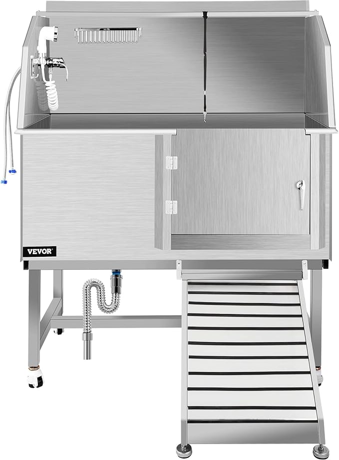 VEVOR Dog Grooming Tub, 50" Right Door Pet Wash Station, Professional Stainless Steel Tub Rated 330LBS Load Capacity, Non-Skid Dog Washing Station Comes with Ramp, Faucet, Sprayer and Drain Kit