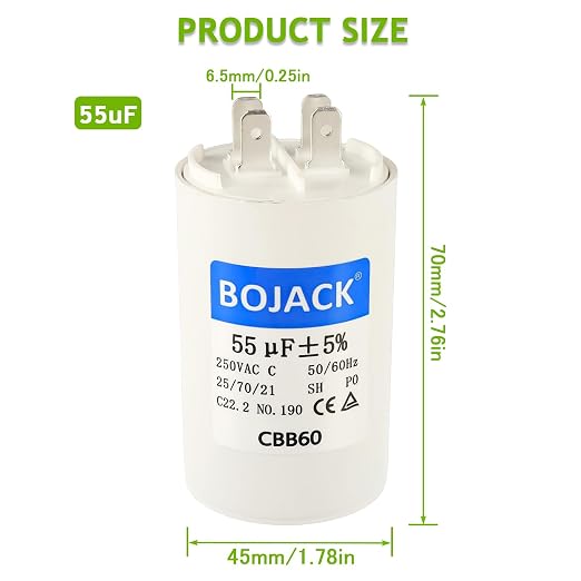 BOJACK CBB60 55uF 250 Volt 50/60Hz AC Capacitor Round Run Start Capacitor - Image 2